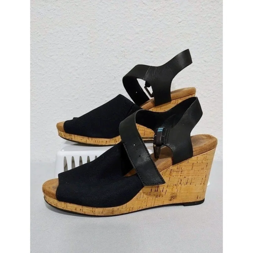 Toms Black Canvas and Cork Wedge Sandals with Ankle Strap